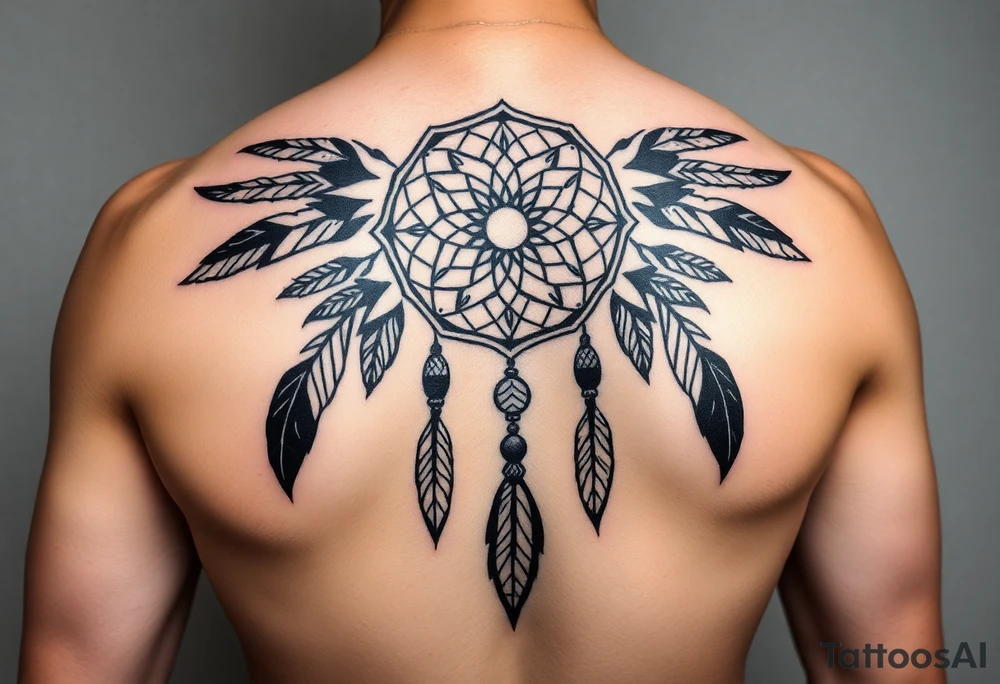 native dreamcatcher with flowing feathers and sacred beads tattoo idea