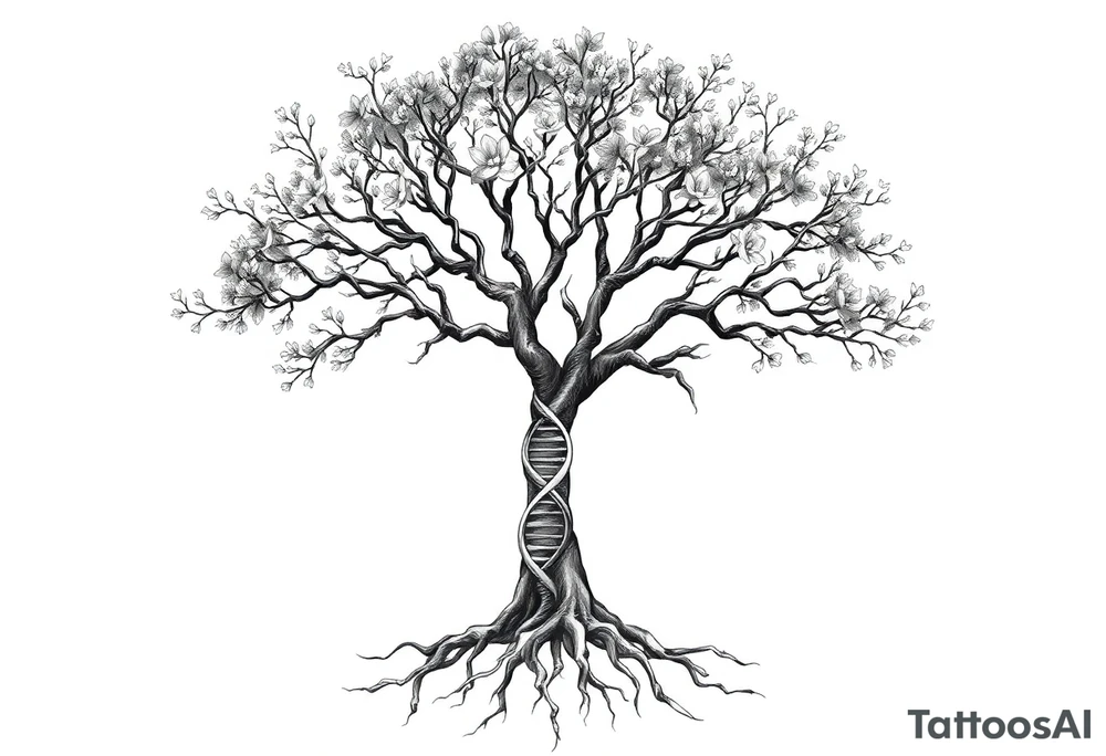 A tree with deep roots or blooming branches symbolizes personal growth, with dna strands as roots tattoo idea