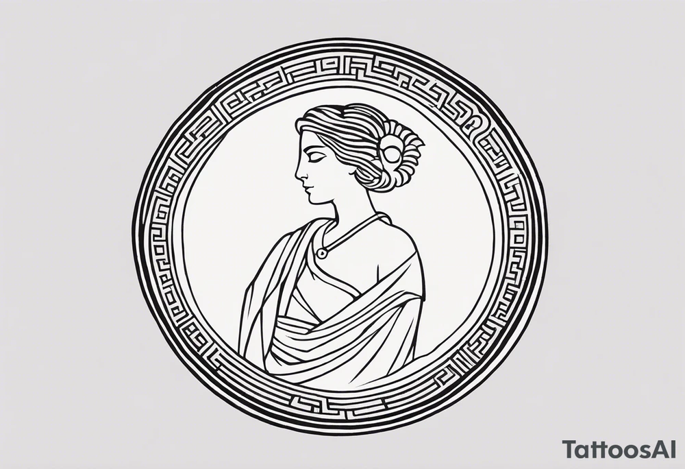 "Craft a minimalist round tattoo inspired by ancient Greek art, featuring Clio, the muse of history. Design a circular composition with Clio depicted in the center, holding a scroll. Surround her with simple yet symbolic elements such as laurel wreaths, scrolls, or geometric patterns reminiscent of ancient Greek pottery. Ensure the design maintains a minimalist style, with clean lines and limited detail, while capturing the essence of Clio's affinity for knowledge and the arts within the circular frame." tattoo idea
