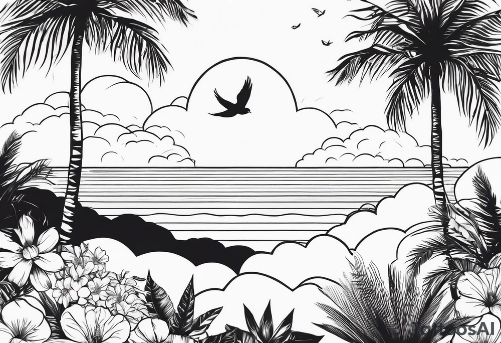 arm sleeve, clouds, dove, sun, flowers, palm trees, tattoo idea