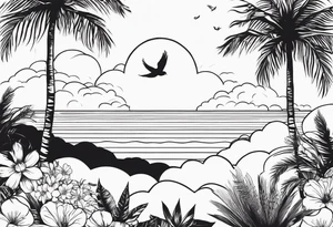 arm sleeve, clouds, dove, sun, flowers, palm trees, tattoo idea
