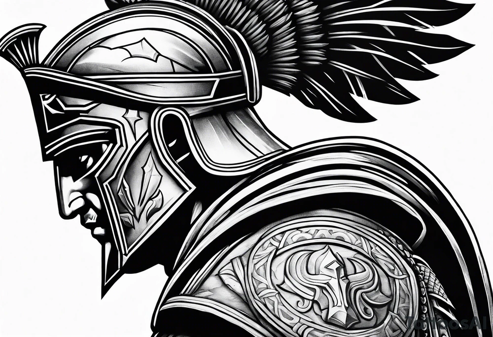 Side profile of spartan soilder with pantheon in background tattoo idea