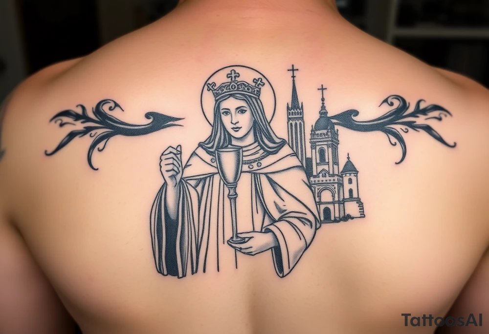 Saint Barbara+ holding chalice+ tower in background+artillery tattoo idea