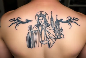 Saint Barbara+ holding chalice+ tower in background+artillery tattoo idea