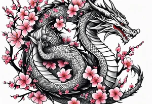 Dragon intertwined in cherry blossom, large feminine shoulder tattoo tattoo idea