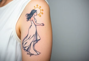 A young woman in a white flowing dress, releasing a glowing dove into the night sky and the word virgo tattoo idea