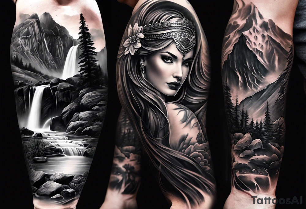 Full arm sleeve. Great Danes together exploring waterfall tattoo idea