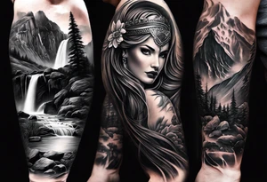 Full arm sleeve. Great Danes together exploring waterfall tattoo idea