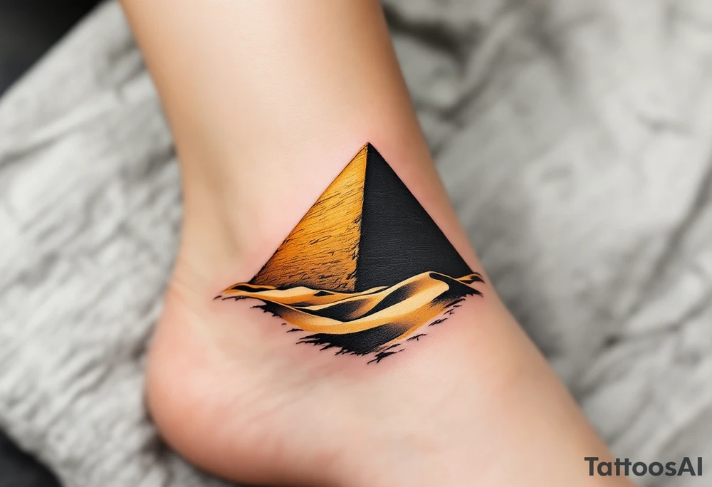 A jet-black pyramid casting a shadow over a golden sand dune. tattoo idea