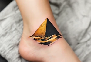 A jet-black pyramid casting a shadow over a golden sand dune. tattoo idea