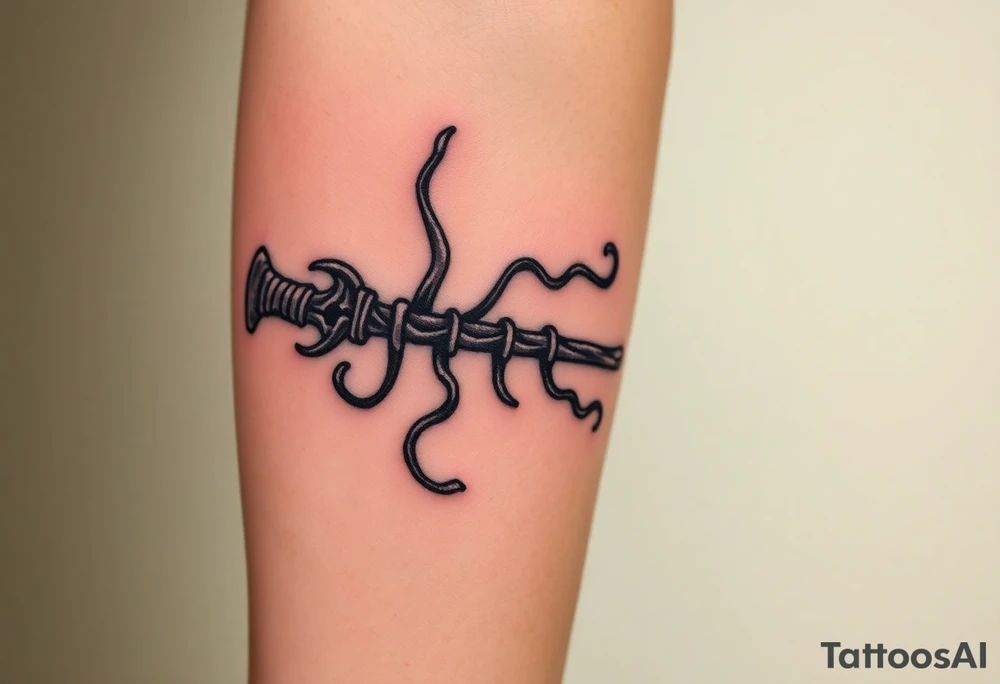 A Death Eater wand with a twisted bone-like structure, emitting dark magical tendrils tattoo idea