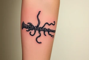 A Death Eater wand with a twisted bone-like structure, emitting dark magical tendrils tattoo idea