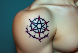 A pentagram surrounded by thorns, with deep reds and blacks, representing occult power and mystery tattoo idea