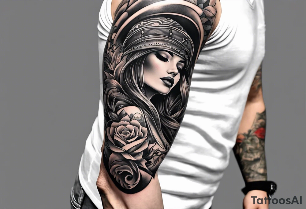 rock a Billy Arm sleeve mit verschiedenen Motiven tattoo idea
