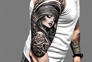 rock a Billy Arm sleeve mit verschiedenen Motiven tattoo idea