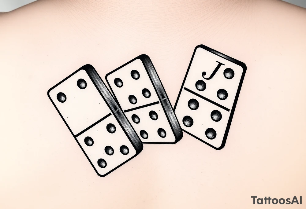 Tattoo design of three domino tiles falling like in a real domino chain reaction, captured in motion. Retro realistic black and grey shading, not fine-line. The tiles show: one with 8 (4+4), one with 7 (4+3), one with 6 (six dots on the bottom half). On the top half of the domino with 6, add the initials ‘JH’ in elegant retro lettering. Dynamic perspective, sense of motion, vintage realistic tattoo style. tattoo idea