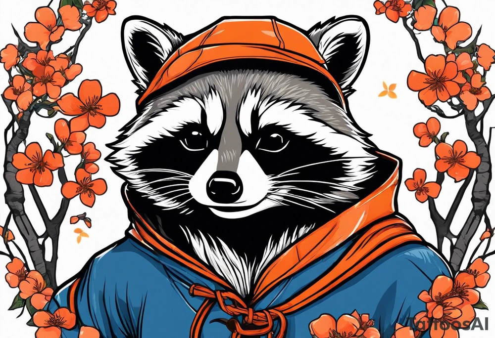 raccoon wearing a Superman hoodie with orange Japanese cherry blossoms tattoo idea