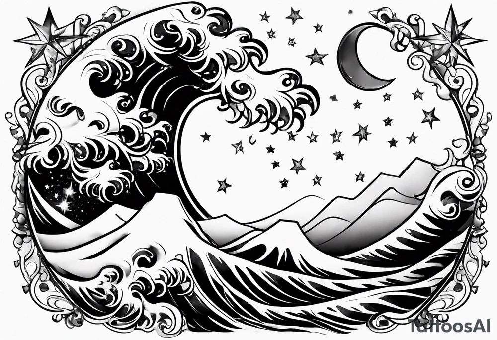 A bay wrapped in clouds and smoke with stars and sparkles and a moon tattoo idea