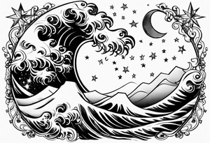 A bay wrapped in clouds and smoke with stars and sparkles and a moon tattoo idea