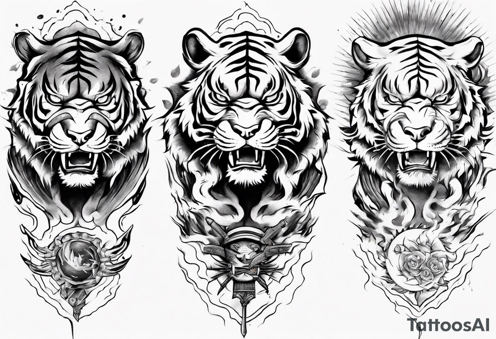 tiger warrior with lightning and the sun for a forearm sleeve tattoo idea