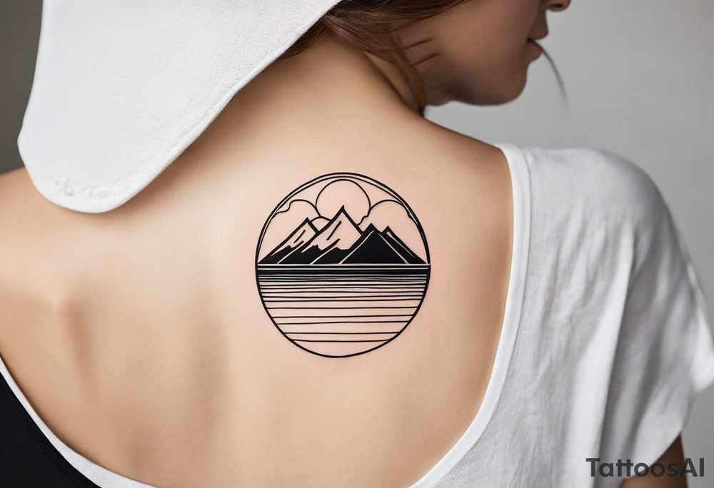 Create a tattoo in a minimalistic style, including a vertical line symbolizing a path or journey. The design should include the following elements: the image of a fir tree at the top, the outline of a mountain in the center, and the sun with rays at the bottom. All elements should be done in black outlines without filling, creating a clean and elegant image. tattoo idea