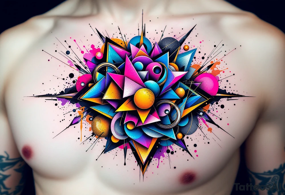 A vibrant abstract explosion of swirling geometric shapes, blending sharp lines with soft, fluid curves. The design incorporates overlapping triangles, circles, and fractured lines that move and twist together, creating a sense of chaos and harmony at the same time. Bold shades of electric blue, neon pink, and deep purple dominate the composition, with splashes of golden yellow and metallic silver adding contrast. The tattoo has a dynamic flow that seems to extend and shift across the skin, with geometric patterns fading into soft watercolor splashes, creating a dreamlike, surreal effect. The use of gradients from bright neon hues to darker shadows evokes energy, transformation, and depth, almost as if the tattoo is alive and evolving. The edges of the design feel as if they are breaking free from the skin, with abstract lines spilling out like an energetic burst of creative expression. tattoo idea