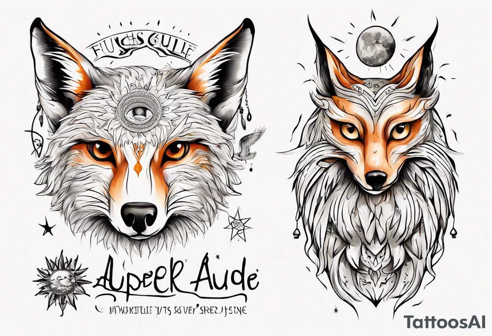 Fuchs und Eule unter der Sonne mit dem Schriftzug Sapere Aude tattoo idea