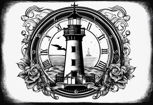 minimalist "open book" with a lighthouse in the middle and a clock tattoo idea