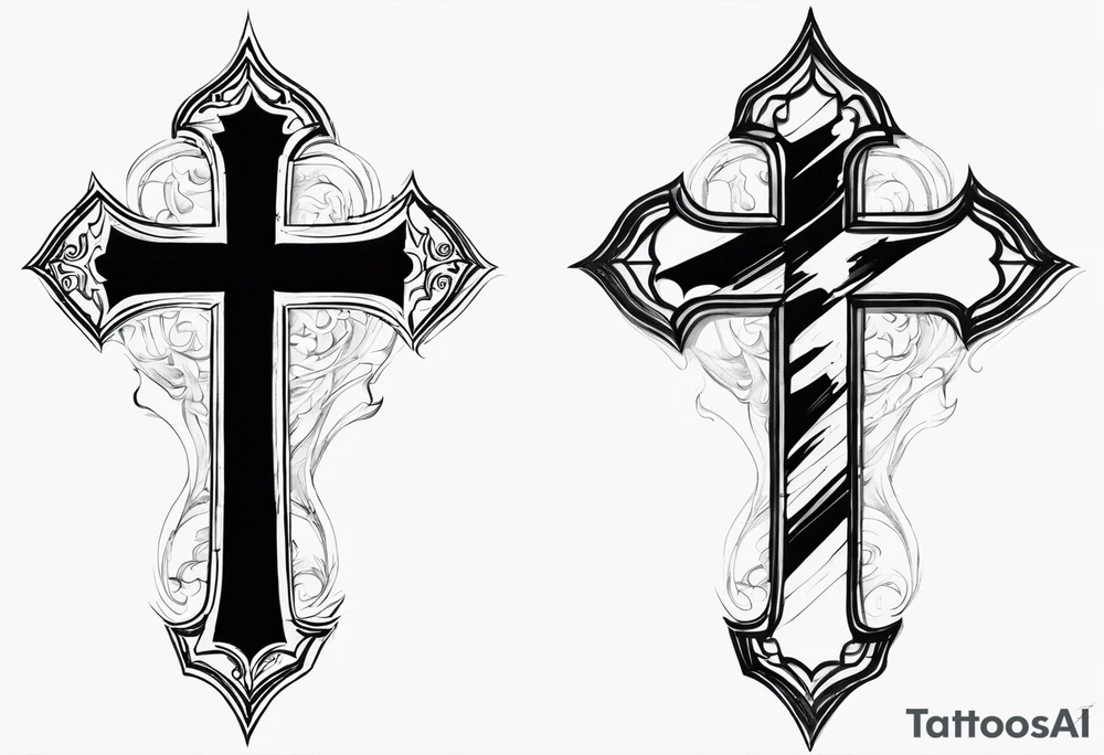 tattered cross with the word Endure going through the top of the cross and Roman's 5:3-5 going down the side tattoo idea