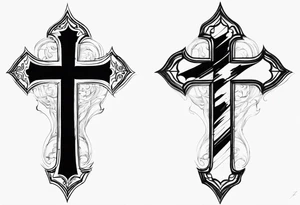 tattered cross with the word Endure going through the top of the cross and Roman's 5:3-5 going down the side tattoo idea