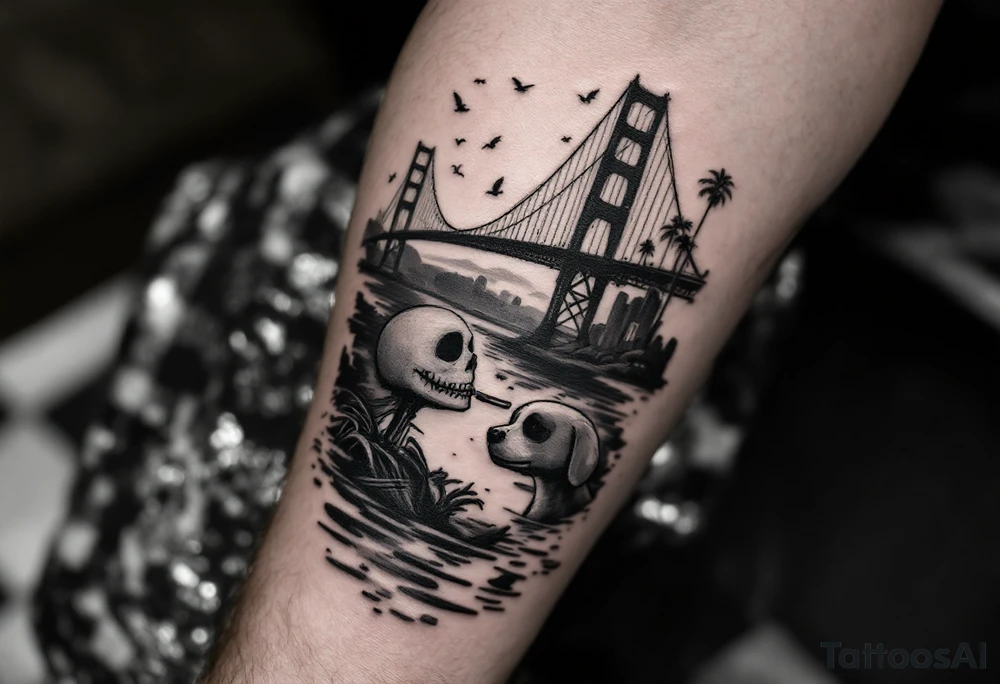 jack skellington with dog,smoking a blunt and fishing,surrounded by city buildings,golden gate bridge, birds, palm trees, tattoo idea