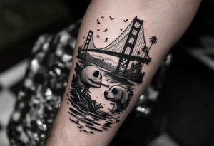 jack skellington with dog,smoking a blunt and fishing,surrounded by city buildings,golden gate bridge, birds, palm trees, tattoo idea