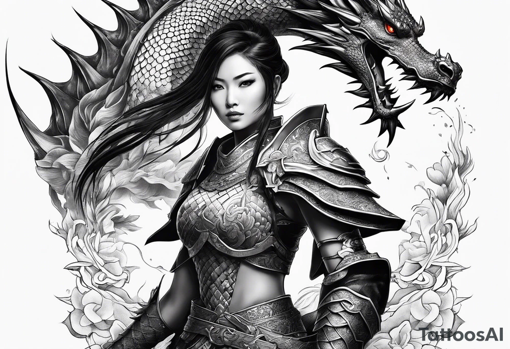beautiful warrior woman wearing dragon armor and a dragon flying tattoo idea