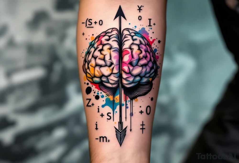 A front-seen brain in geometric and straight lines, math symbols arround. A detailed arrow crosses from below and exit from the top, with its tip desintegrating to represent entropy and watercolor stains spilled from the arrow. Around of the main tattoo, math and physics formulas fill the space, including the formula "ΔS ≥ 0" and the formula "(iδ + m) Φ = 0" tattoo idea