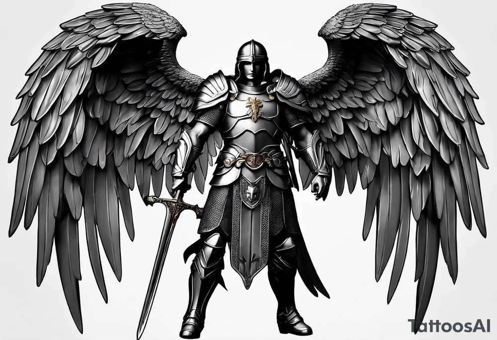 **Tattoo Design: Archangel Michael**

- **Central Theme**: Archangel Michael, majestic and powerful, stands ready with a raised sword, prepared to battle evil.
- **Appearance**: The figure of Archangel Michael depicted in full angelic armor, with majestic wings spread wide.
- **Expression**: His stance conveys strength, courage, and determination in defense of good.
- **Details**: Focus on intricate details such as facial features, armor embellishments, and the raised sword.
- **Background**: May be stylized as celestial, with rays of light or clouds, accentuating the divine presence of Archangel Michael.
- **Placement**: Intended for placement on the chosen body area, with the option to adjust the size according to personal preferences. tattoo idea