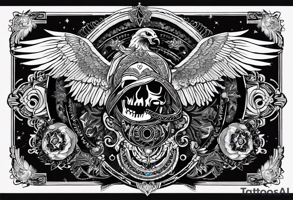 black kali, goddess pirate, alien, angel, pachamama, valkrye, warrior, flying, skull, lotus azul, wing, eagle, zenza resonance, stars, 5D, anahata chakra tattoo idea