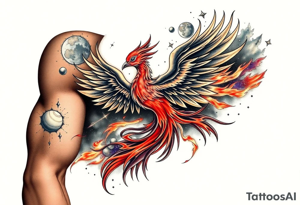 Powerful Phoenix feminine energy flames from within at night with stars planets and nebula tattoo idea