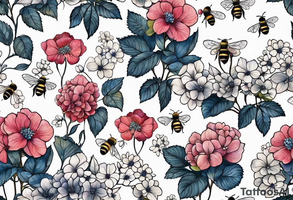 Small tattoo. There’s a hydrangea and a bee but they are not touching. Make the bee smaller than the hydrangea and have the bee off to the side. Bee is smaller than the hydrangea tattoo idea