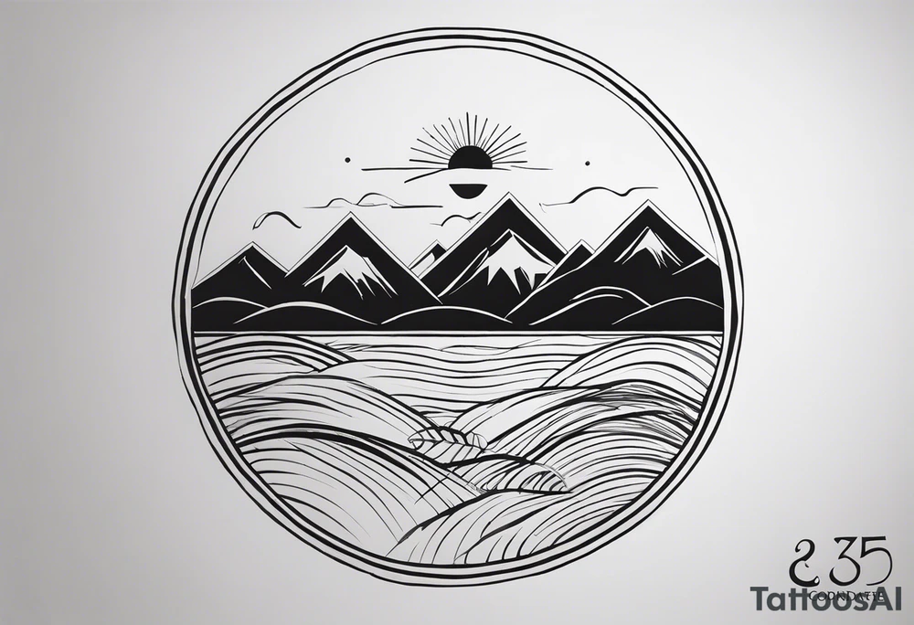 Let the coordinates 35.331° N, 33.429° E be written, next to it should be a mountain, sun, sea and tree icon, the letters of the coordinate should be capitalized and the numbers next to it should be written from top to bottom. tattoo idea