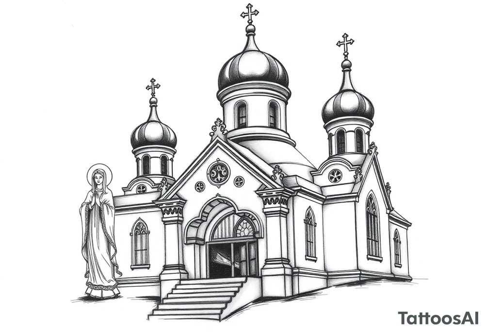 Russian orthodox church with bulb domes with a prominent russian orthodox style virgin mary stood outside to the left tattoo idea
