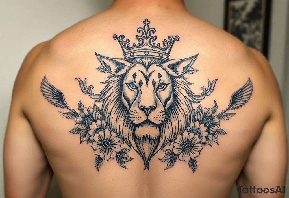 powerful majestic lion with a crown, surrounded by floral ornaments and birds tattoo idea