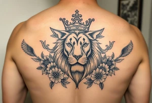 powerful majestic lion with a crown, surrounded by floral ornaments and birds tattoo idea