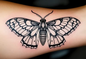 A delicate moth with intricately patterned wings. The wings are outlined in fine black ink in old chool style tattoo idea