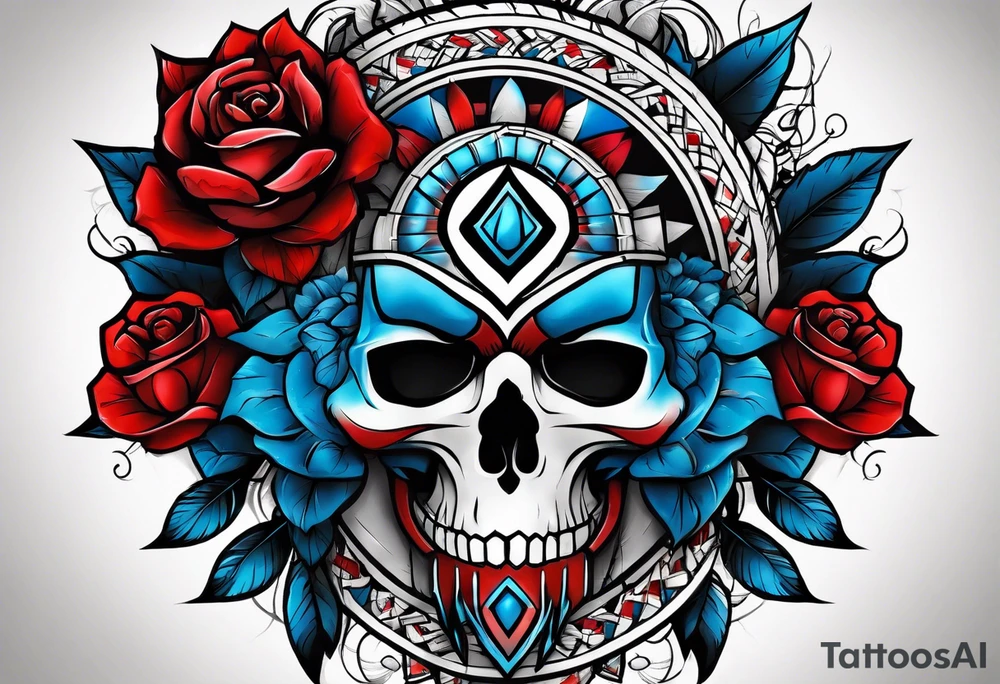 Native American Colored blue and red roses tattoo idea