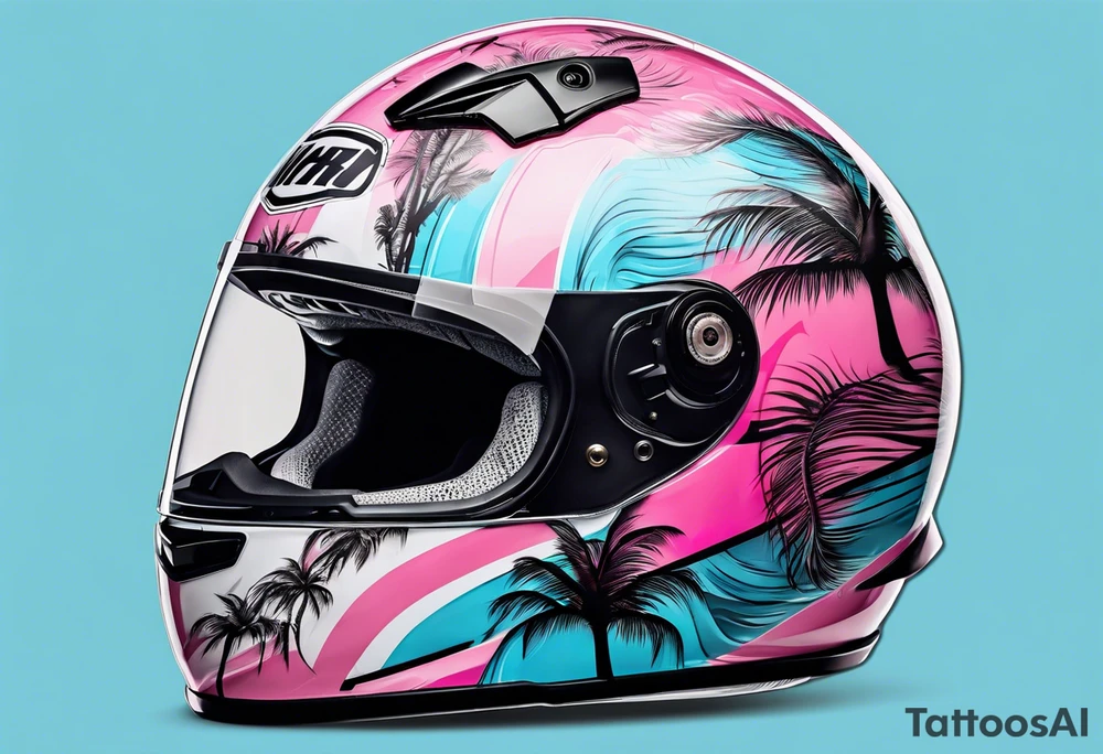Formula 1 helment with a palm tree and black pink and light blue color tattoo idea