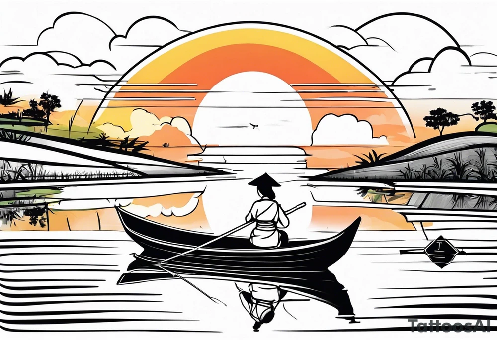 vietnamese lady on boat rice fields water sunset home clouds tattoo idea