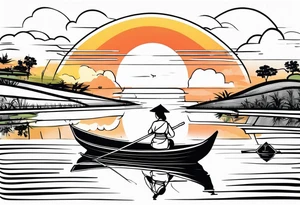 vietnamese lady on boat rice fields water sunset home clouds tattoo idea