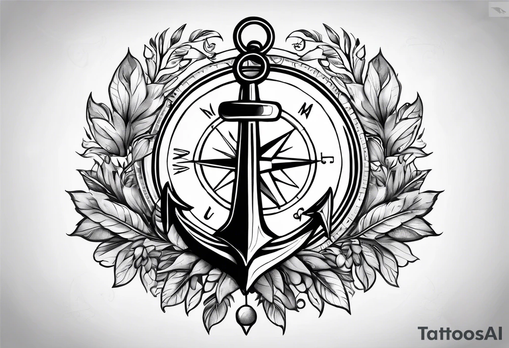 A selucid style anchor in front of a compass and a narrow laurel wreathe wrapped around the compass tattoo idea