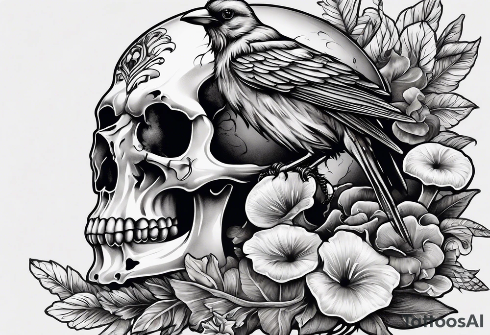 Crow skull with mushrooms and nature in the background tattoo idea