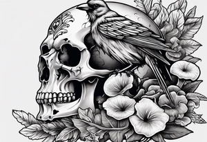 Crow skull with mushrooms and nature in the background tattoo idea